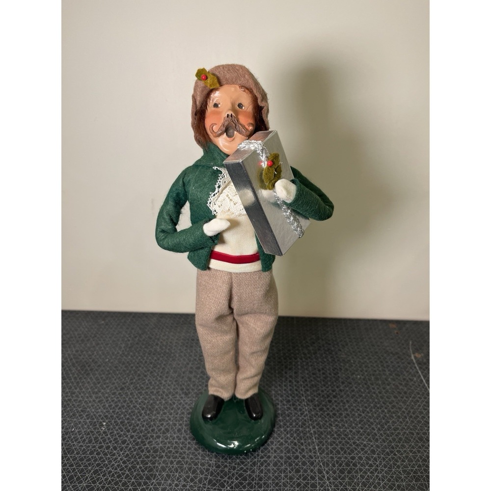 Byers Choice Caroler Man's, Handlebar Mustache, Brown Hair, Holding Gift 1993